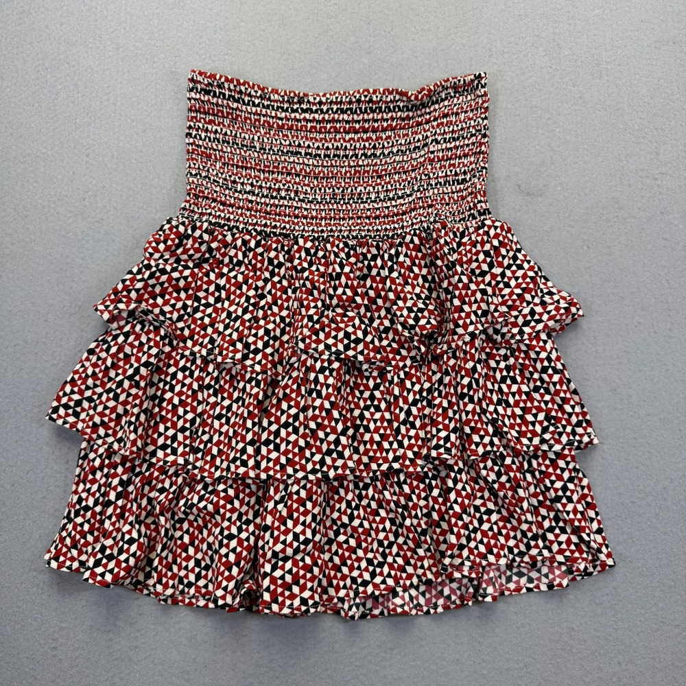 Maje Jalao Imprime Smocked Tiered Mini Skirt Red Black Geometric Print Size 3